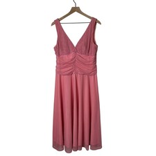 David's Bridal Womens Ruched Beaded Mesh Midi Formal Dress Size 16 Pink Formal
