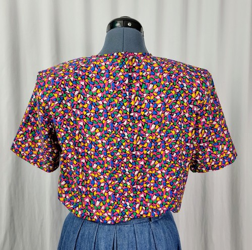 Vintage Josephine Pink S/S Blouse w Yellow/Blue/Green/White Hearts Size 8 - Picture 11 of 20
