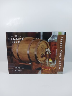 Hammer & Axe Wood Whiskey Barrel Keg Dispenser w/Tap Copper Brand New in Box