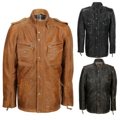 Mens Soft Real Leather Military Jacket 