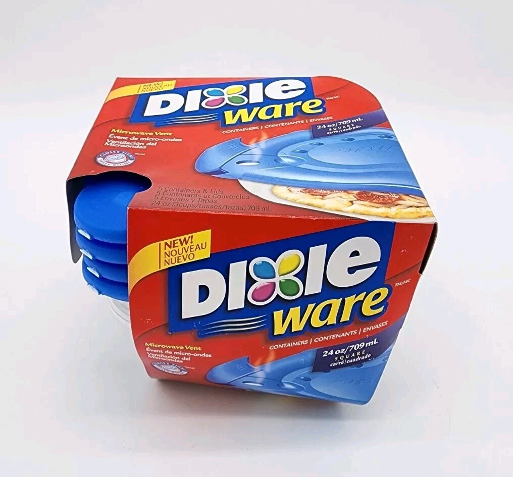 Dixie Ware 5 Count Pack Plastic Food Containers Microwave Vent 24 oz Square NEW