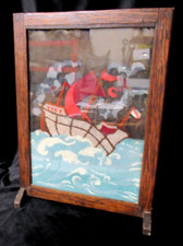 Beautiful Vintage Antique Oak Fire Screen With Embroidered Sailing Ship