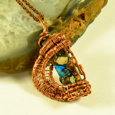 Turquoise Crystal Pendant Copper Wire Wrapped Artisan Handmade Jewelry