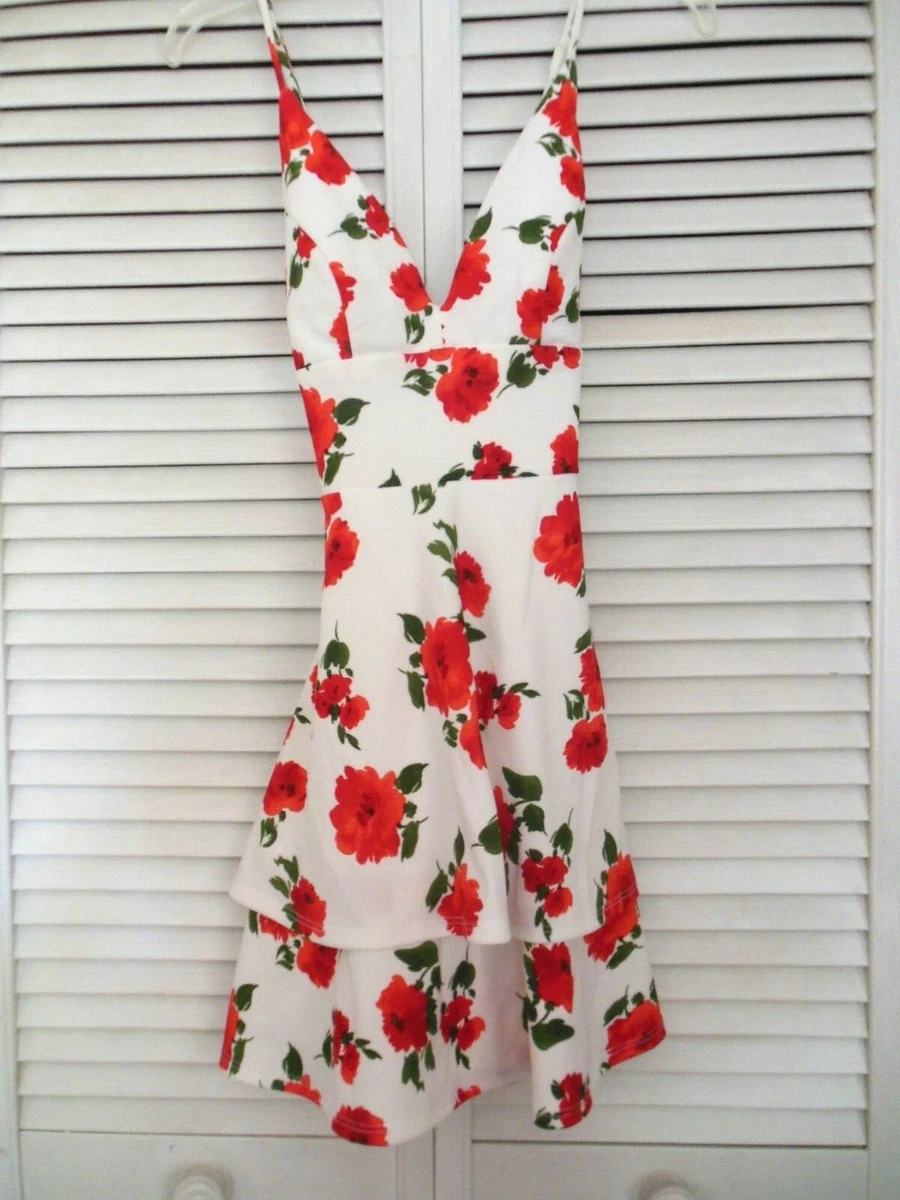 B. Darlin Red Floral Short Spaghetti Strap Dress 2 Tiered Skirt