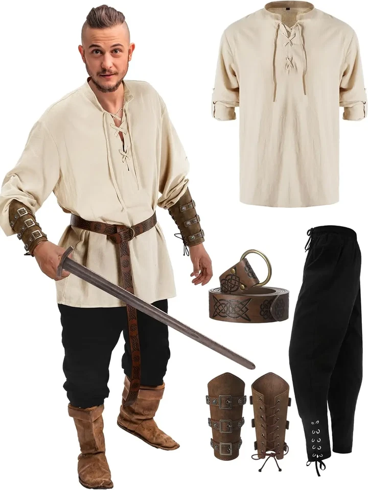  Conjunto de fantasia masculina de Halloween 4 peças camisa tornozelo calças viking acessórios - Imagem 3 de 4