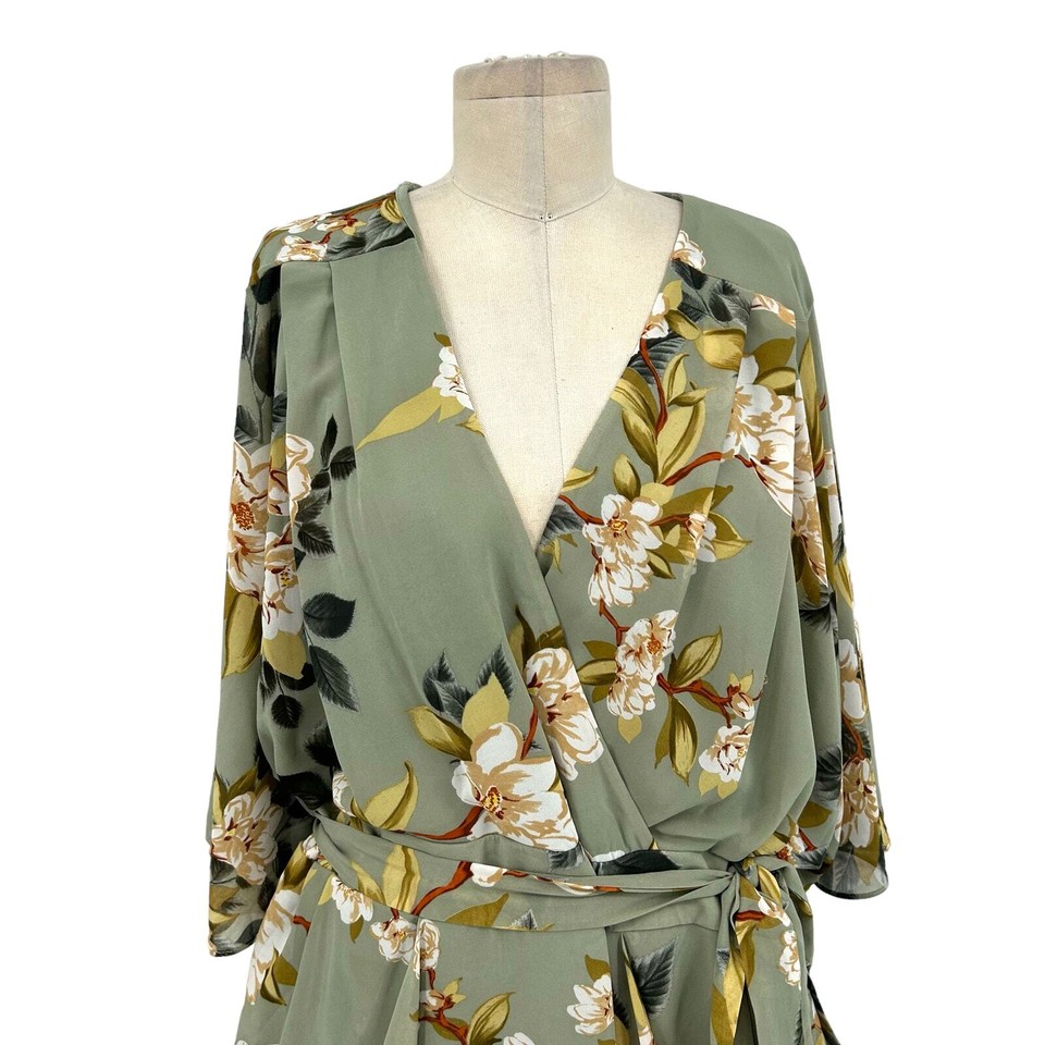 City Chic Color Wrap Print Dress Sage Green Floral Print Plus Size 22