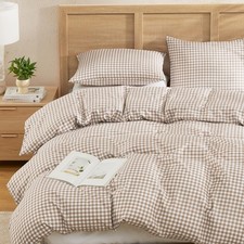 Gingham Duvet Cover Queen Size, Tan Brown Checkered Plaid Bedding Set, 3 Pieces