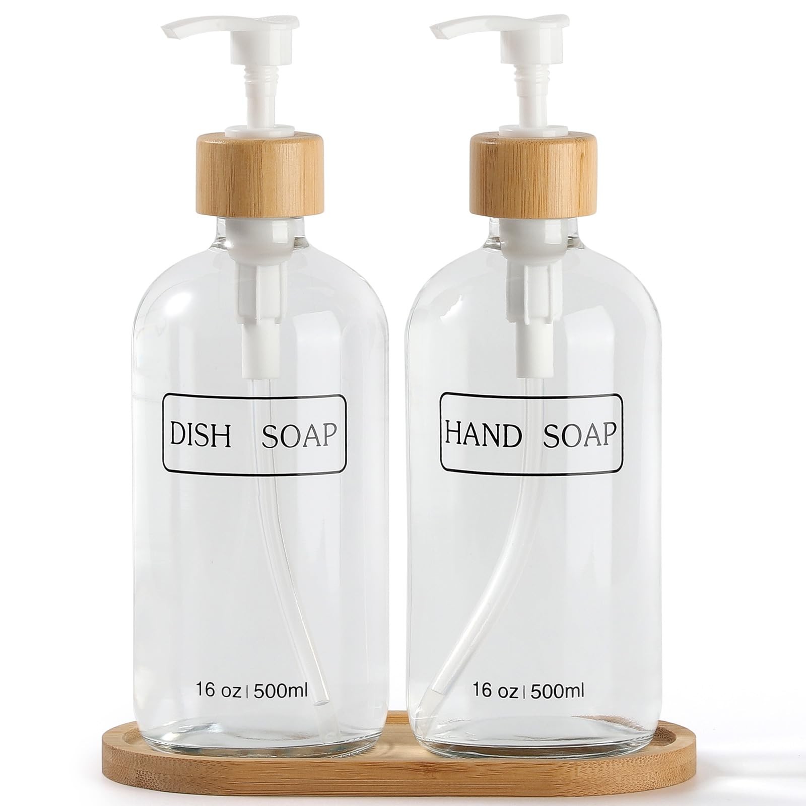 Bamboo Tray & Clear Dish Soap Dispenser Set for Kitchen Decor-image