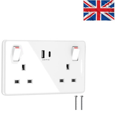 Kompakte 2 Gang USB C geschaltete Steckdose - 13A Strom mit IntelliChip Tech