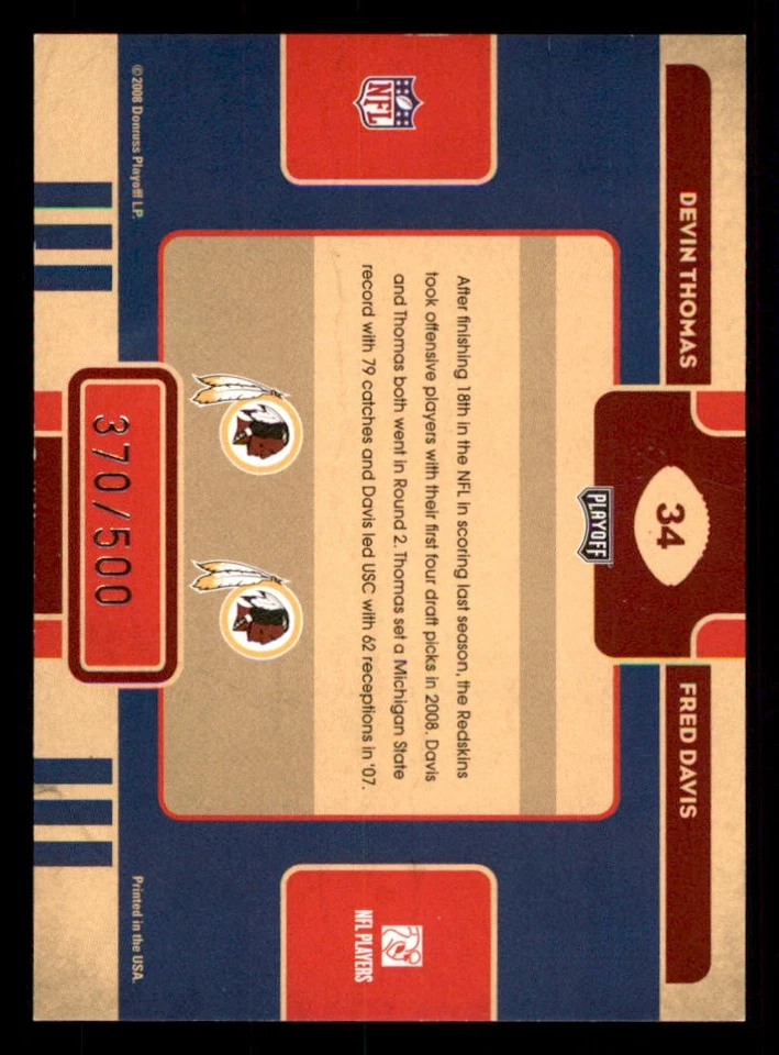 2008 Playoff Contenders Draft Class #34 Devin Thomas/Fred Davis /500 - Image 2 of 2