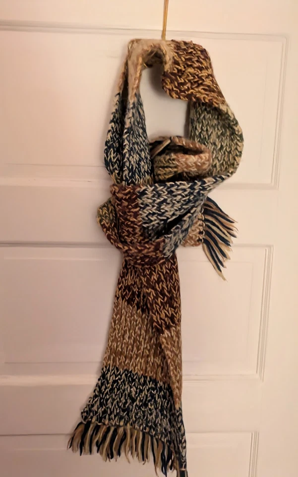 手工制作复古 100% 羊毛 Ragg 羊毛围巾 带边缘 60 英寸 X 11 英寸骆驼/棕色/蓝色/象牙白 — 第 3/4 张图片