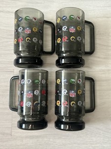Vtg 70s NFL Smoked Glass Team Helmets Beer Mugs Set Of 4