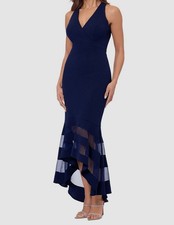 XSCAPE Women's Blue Scuba Crepe Sheer-Stripe High-Low Dress Petite Size 14P