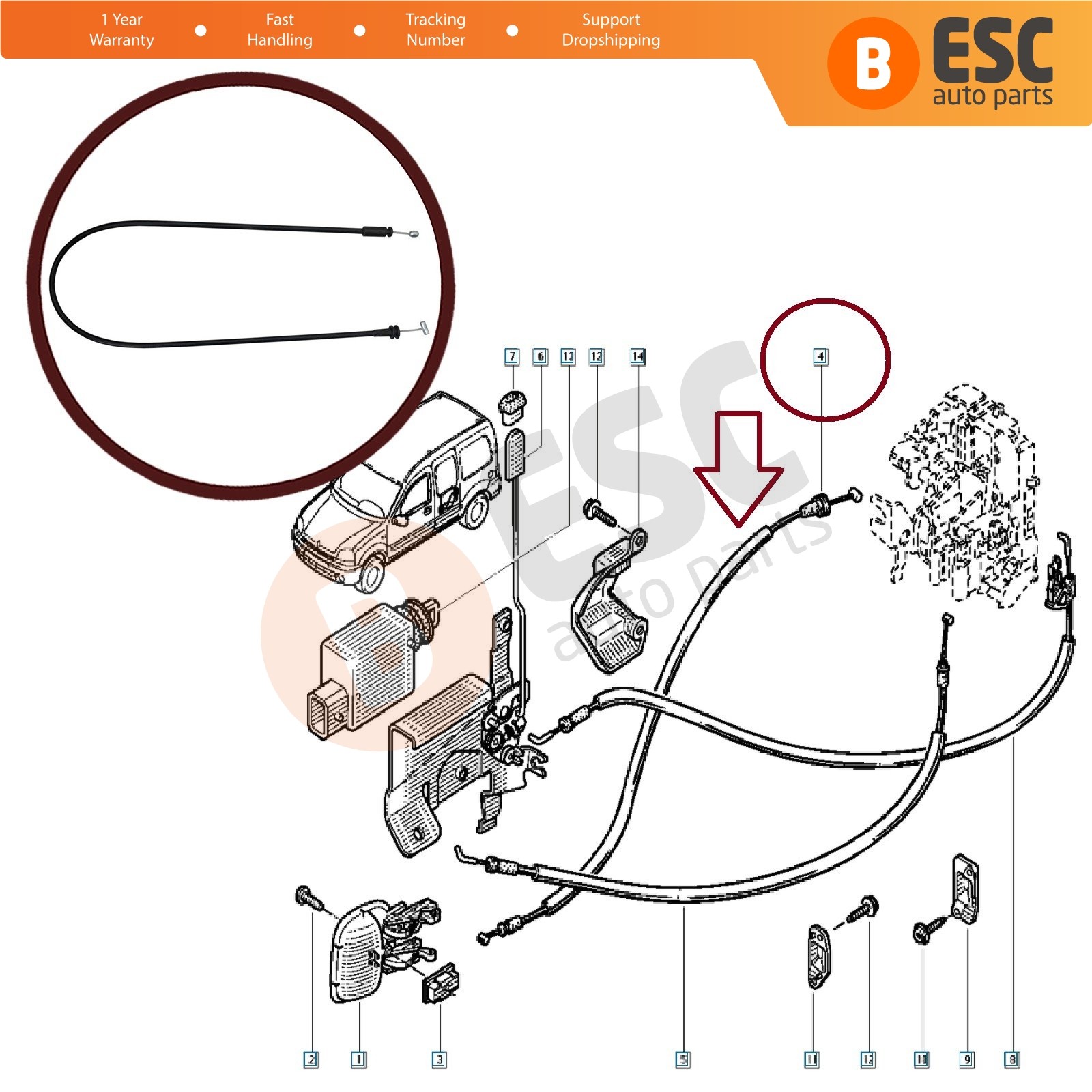 Right Sliding Inner Door Lock Cable for Renault Kangoo 1 KC Nissan Kubistar X76
