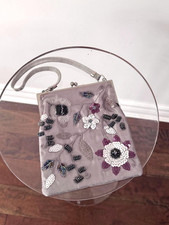 Vintage grey silver floral beaded sequin embroidered small micro evening bag