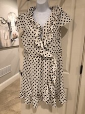 Fashion Nova Womans Large White W Black Dots Frilly V Neck Dress