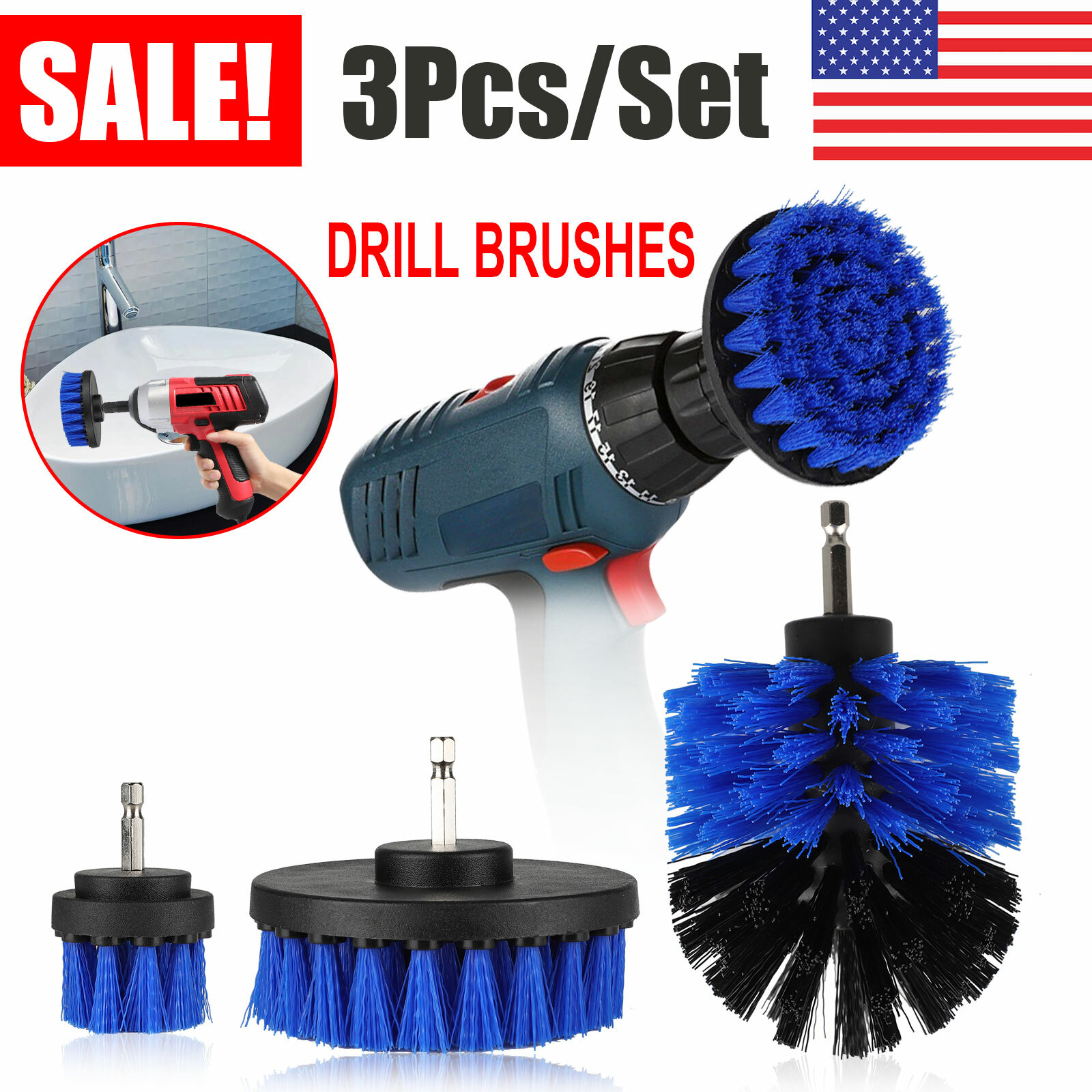 3pcs Car Wash Brush Hard Bristle Drill Auto Detailing Cleaning Tools