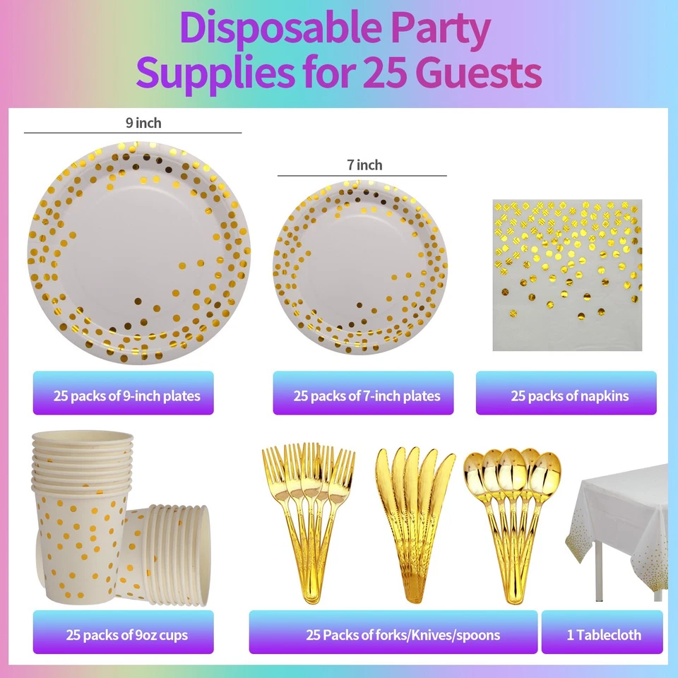 Juego de fiesta desechable blanco y dorado 176 piezas - platos, tazas, servilletas, cubiertos Foto 3 de 4