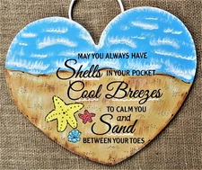 SAND BREEZE SHELLS BEACH SIGN Wall Art Heart Door Plaque Summer Seashore Decor