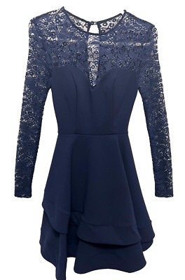 B Darlin Fit & Flare Dress Jrs Womens Size 0 Navy Blue Lace Stretch LS Party EUC