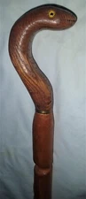 ANTIQUE 43 " GLASS EYE SNAKE REPTILE CARVED WOOD MAN WALKING STICK STAFF CANE US