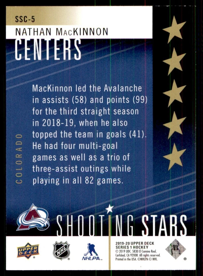 2019-20 Upper Deck Shooting Stars Centers Nathan MacKinnon Colorado Avalanche - Image 2 of 2
