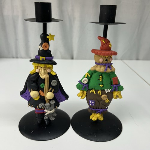 VTG 90’s Whimsical Halloween Candle Holders Clay Like Witch And Scarecrow Set 