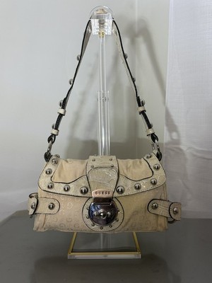 GUESS Roma Monogram Shoulder Bag Beige Studded Buckle Y2K Purse
