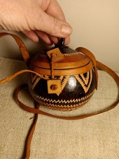 Hand Carved Coconut Crossbody Purse, Lid, Long Leather Steaps Accents, Zig Zag