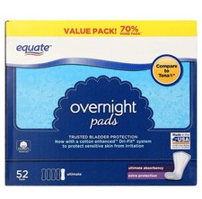 Equate Overnight Women's Incontinence Pads, Ultimate, 52 Count