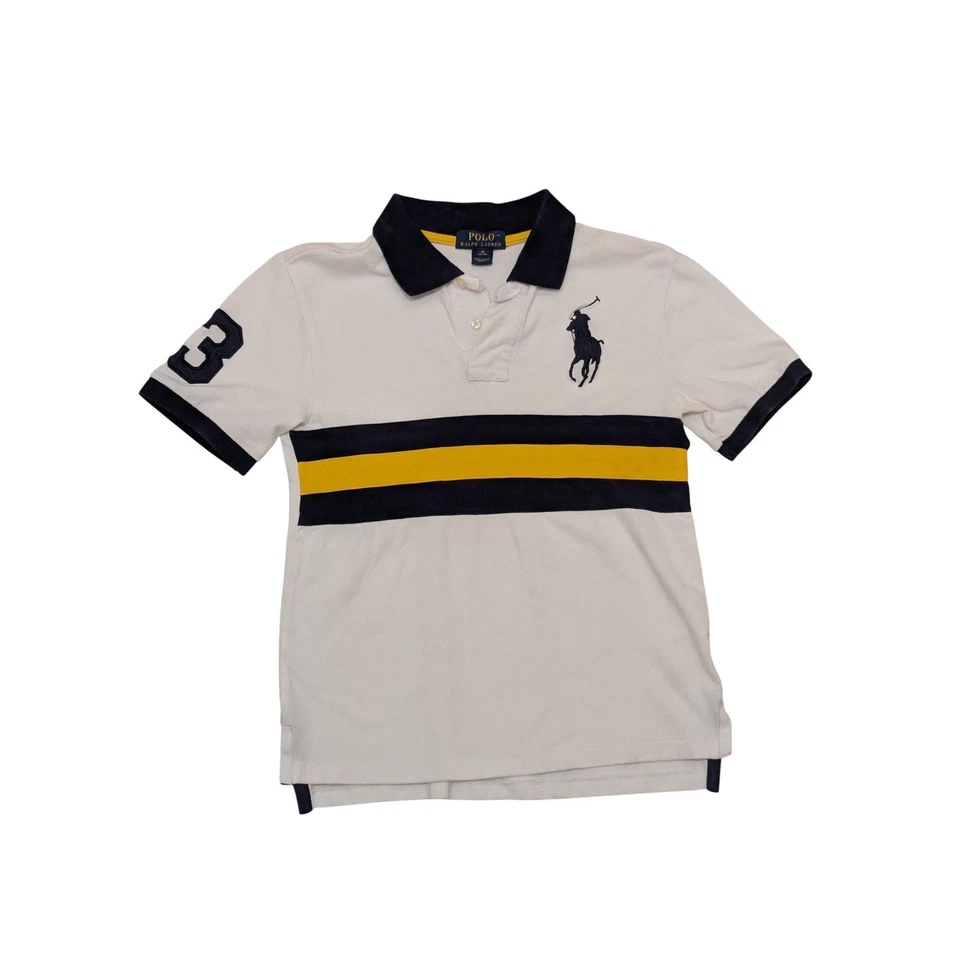 Polo Ralph Lauren Boys M 10-12 White Navy Yellow Rugby Polo Shirt Big Pony #3 - Image 2 of 4
