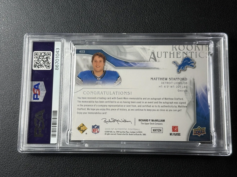 MATTHEW STAFFORD MATT PSA 8 2009 SP AUTHENTIC #403 ROOKIE PATCH AUTO RPA RC /499 - Image 2 of 2