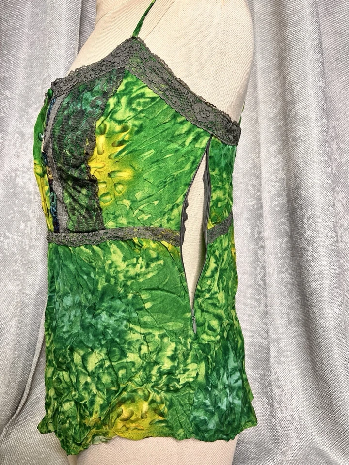 Blusa FREE PEOPLE Mujer S Cami Top Encaje Calado Boho Tie Dye Verde Suave Elastizada Foto 4 de 4