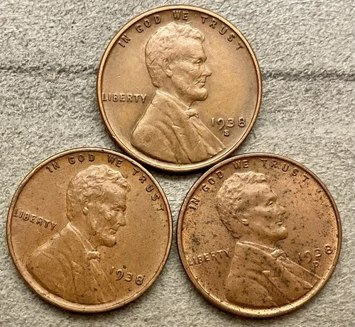 1938-p 1938-D 1938-S  Lincoln Wheat Cents - [XF EF] Extremely Fine ~ B683