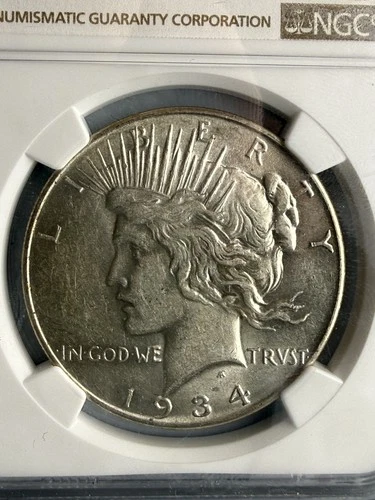 1934 1$ Peace Dollar NGC AU53-Quite Sharp Detail Bright Luster Shiny Silver Tone
