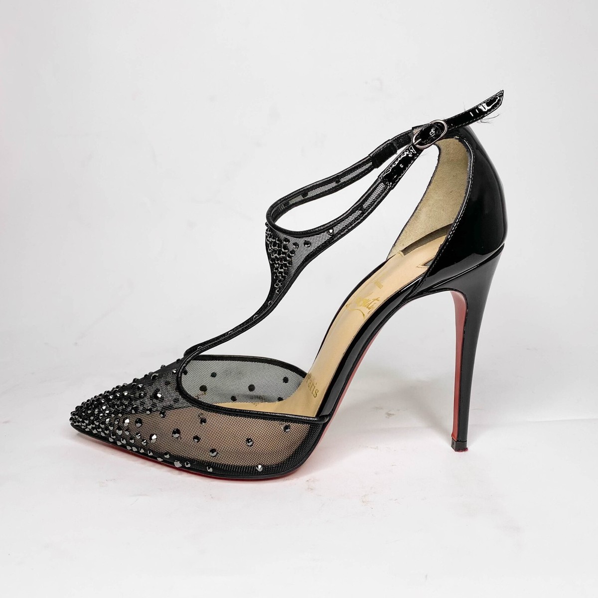 Louboutin Salopatina Black Mesh Crystal T-Strap Pumps Size  display picture 3