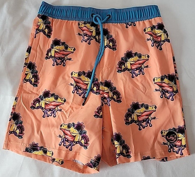 Neff Swim Shorts Men's Size Medium Orange Trunks w/ Multicolor Frogs & Flowers