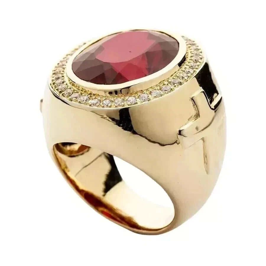 3Ct Oval Cut Lab Created Red Ruby Men's Cross Bishop Ring 14K Yellow Gold Plated - Image 2 of 4