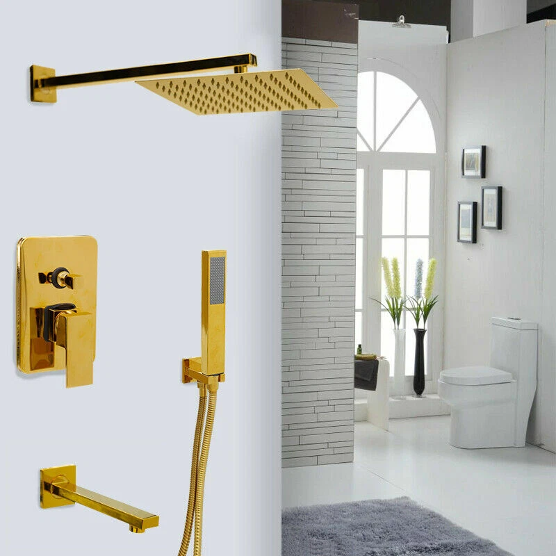 Gold 8" Rain Shower Head 3-Way Mixing Valve Hand Spray Tub Spout Shower Tap Set