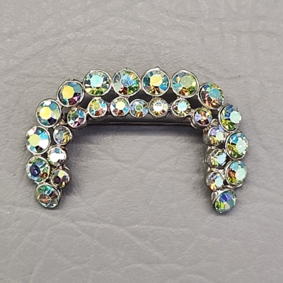 Rhinestone Brooch Vtg Curved C Aurora Borealis Stones Blue Glass Silver Tone 2''