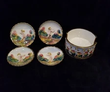 Set of 4 Capodimonte Italy 3D Relief Hand Painted Cherub Coasters and Holder