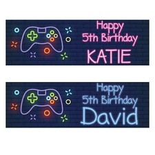2 personalised birthday banner neon game console x box kids boy party poster