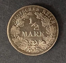 1918 J German Empire 1/2 Mark Silver Coin --  BU with luster!