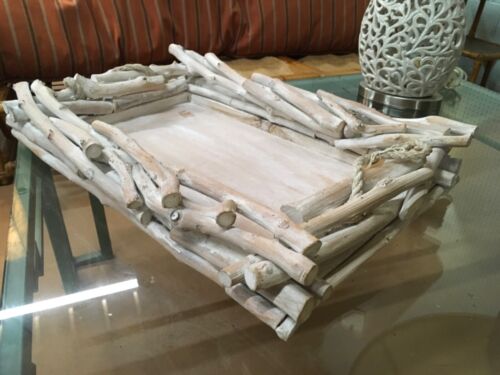 BLEACHED WHITE WOOD TWIG TRAY W/ ROPE HANDLES~“24x16”x4”-HEAVY-STURDY - Picture 1 of 8