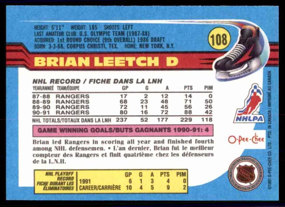 1991-92 O-Pee-Chee Brian Leetch #108 - Image 2 of 2