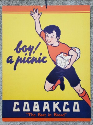 Vtg COBAKCO Graphic Cardboard Bread Advertising Sign Gas Oil Soda c1950's
