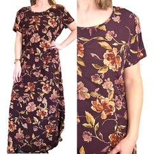 Vintage 90s Purple Size 12 Dark Floral Long Maxi Dress Shortsleeve Romantic