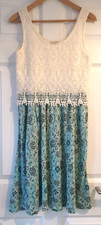 INDIGO M&S WHITE LACE AQUA GREEN FLORAL FESTIVAL BOHO DRESS SIZE 10 KNEE LENGTH
