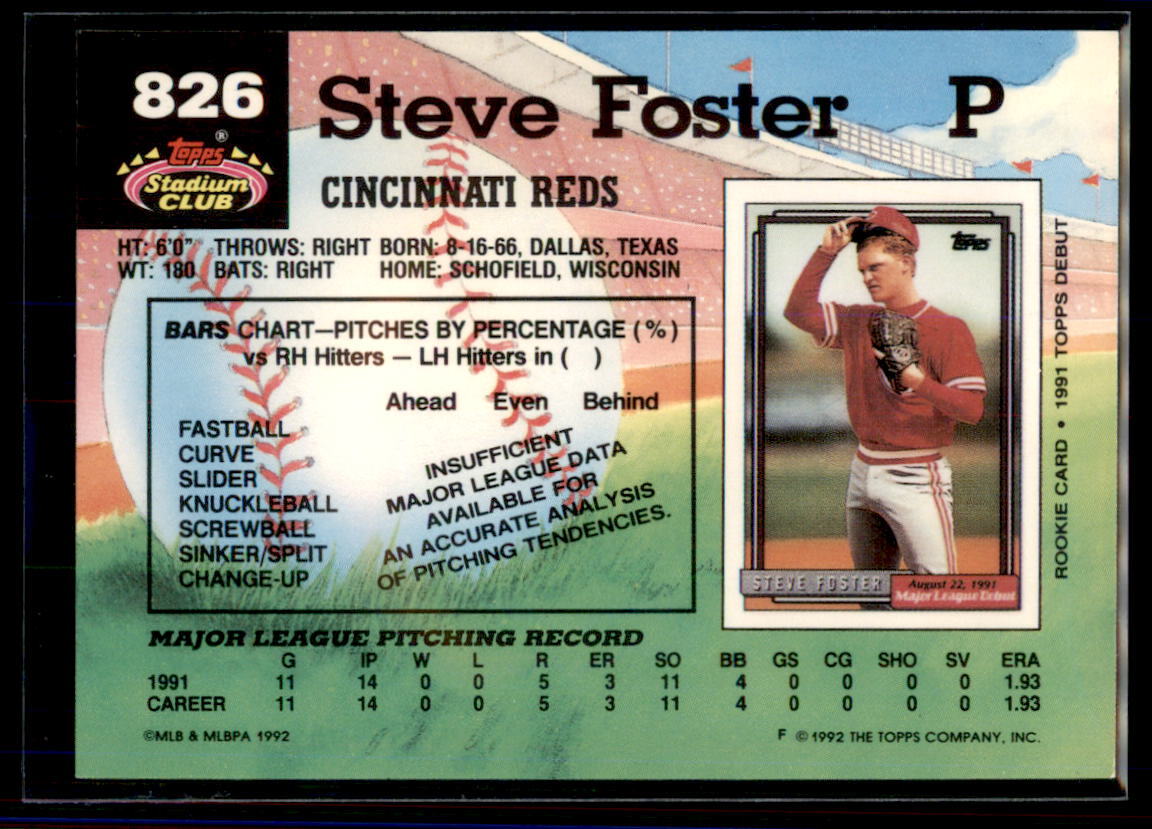 1992 Stadium Club Steve Foster #826 Cincinnati Reds | eBay