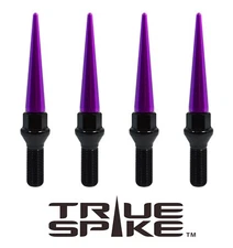 20 TRUE SPIKE 14X1.5MM 28MM SHANK STEEL LUG NUT BOLTS W/ PURPLE EXTENDED SPIKES